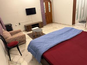 瓦拉纳西Riya Villa (Kaashi Flora Unit)的一间卧室配有一张床、一张沙发和一台电视。
