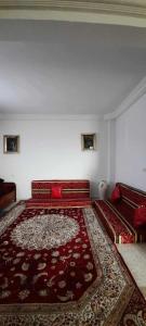 科尔巴Villa Neji, Havre de pierre à 10 min de la plage.的客厅配有红色沙发和地毯。