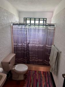 Río OroAPARTAMENTOS VERANERA的一间带卫生间和淋浴帘的浴室