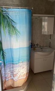 多布拉沃达Apartmani ARIANA的一间带海滩淋浴帘的浴室
