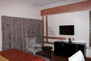 阿布贾Sandralia Hotel的一间卧室配有一张床、一台电视和一把椅子
