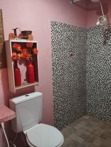 穆隆古Colina dos Ventos的浴室设有白色卫生间和粉红色的墙壁。