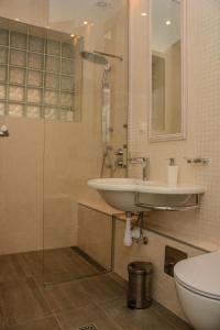 沙巴茨Apartment Venera A&M的一间带水槽、淋浴和卫生间的浴室