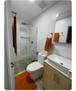 加拉加斯Renewed apt in Altamira, the heart of Caracas的浴室配有卫生间、盥洗盆和淋浴。
