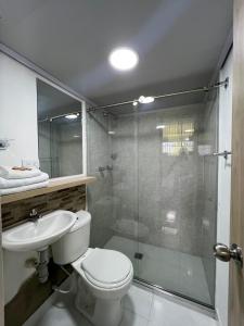 马尼萨莱斯Hotel Adel的带淋浴、卫生间和盥洗盆的浴室