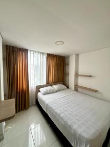 马尼萨莱斯Hotel Adel的卧室在窗户前配有一张白色大床