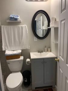 博林格林Chic Home Away From Home!的一间带卫生间、水槽和镜子的浴室