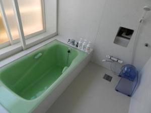 TaragiB&B Toyonoakari的带窗户的浴室内的绿色浴缸