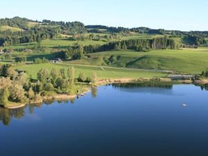 松托芬Horns View Modern retreat的享有树木和田野的湖泊的空中景致