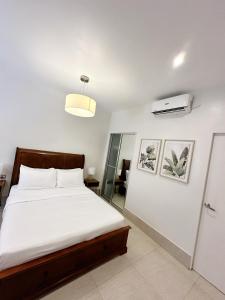 莫阿尔博阿HARMAN SUITES Moalboal的卧室配有一张床和空调