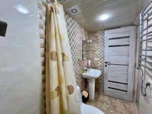 埃里温The Hill Guest House的浴室配有淋浴帘和盥洗盆。