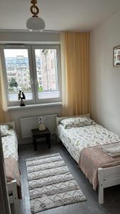 苏瓦乌基Apartament Szpitalna的一间卧室设有两张床和窗户。