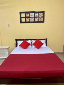 MalabeDhee Ayurved Resort Hospital的一间卧室配有一张带红色枕头的大床