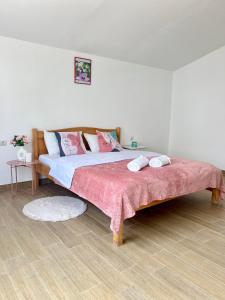 科斯蒂内什蒂Vilele Delfin的卧室配有带粉色和白色枕头的大床