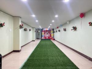 巴特那Relax Zone的一条走廊,铺着绿色地毯,设有红色的门