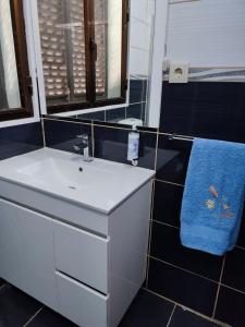 阿利若Vivenda Casa da Fraga的一间带水槽和蓝毛巾的浴室