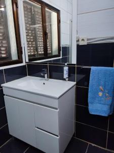 阿利若Vivenda Casa da Fraga的浴室设有白色水槽和蓝色毛巾。