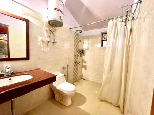 马拉里4 Bedroom Luxury Bungalow in Manali with Beautiful Scenic Mountain & Orchard View的浴室配有卫生间、盥洗盆和淋浴。