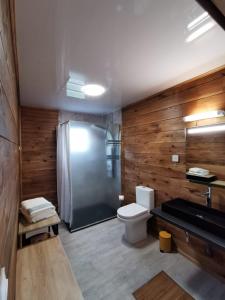 勒唐蓬Bungalow Tillandsia的带淋浴、卫生间和盥洗盆的浴室