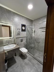 亚喀巴Sky Hotel的带淋浴、卫生间和盥洗盆的浴室