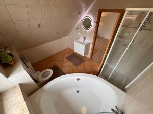 新明斯特Raum fur Ruhe im Norden的带浴缸、卫生间和淋浴的浴室。