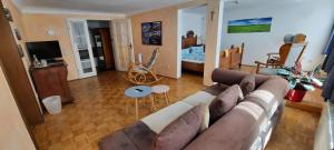 米尔滕贝格Wein-und Gasthof Zipf的一间带棕色沙发的客厅和一间客厅