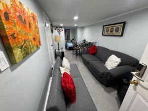 北卑尔根Nice 3 bedrooms apt 4 lovely group family 15 mins 2 NY City.的客厅配有沙发和墙上的绘画