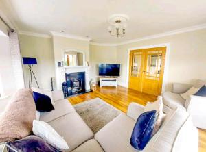 KilmoreAn Ghlaise Bheag的客厅配有白色沙发和蓝色枕头。