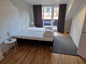 斯德哥尔摩Home Inn HVG54的一间卧室设有一张床和一个大窗户