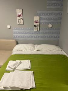 贝纳尔马德纳Benalmadena ,apartamento-Estudio primera Línea de Playa的一张带绿毯的床和两张毛巾