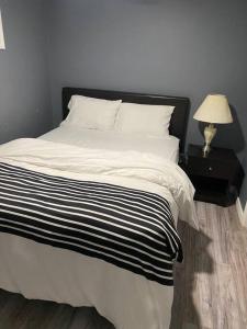 里贾纳Cozy get-away suite的一张带黑白毯子和灯的床