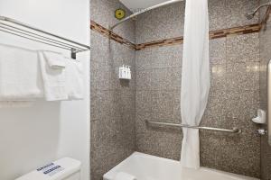 滨海城Gateway Lodge的带淋浴、卫生间和浴帘的浴室