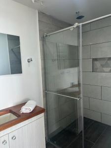 菲兰迪亚Travesía Quindiana的一个带水槽的玻璃淋浴间