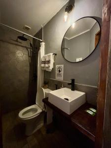 蒙得维的亚Expreso trescrucesdos的一间带水槽、卫生间和镜子的浴室