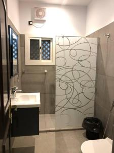 杜拉特阿拉尔Distinctive chalet in Dur.Marina的带淋浴、盥洗盆和镜子的浴室