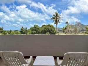 查汶idyllic apartment的阳台上配有两把椅子,享有棕榈树的景色