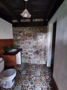 El ManzanilloVILLA ELENA un refugio en el bosque的一间带卫生间和石墙的浴室
