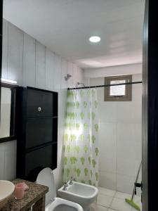拉里奥哈Takú Huasi的一间带卫生间和淋浴帘的浴室