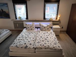 多森海姆Mühltal Guesthouse的一间卧室设有一张大床和两个窗户。