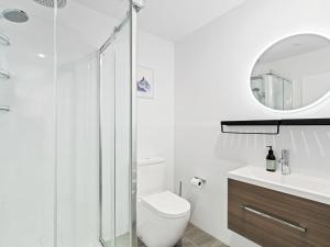 Albert TownBurrows Hutch Wanaka的一间带卫生间和玻璃淋浴间的浴室