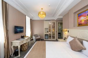伊斯坦布尔Moonlight Elegance Boutique Hotels的一间卧室配有一张床、一张书桌和一台电视