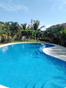 伊斯塔帕BEAUTIFUL HOME FULLY FURNISHED, READY TO RELAX AND 5 MINUTES FROM THE BEACH!!的一个种有棕榈树的大型蓝色游泳池