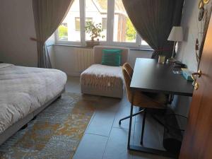 代因泽Appartamento confortevole的一间卧室配有书桌、床和窗户。