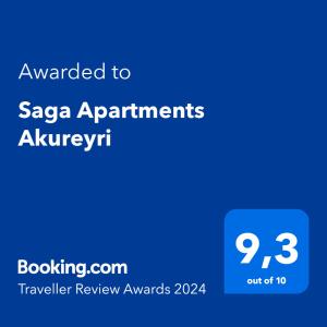 阿克雷里Saga Apartments Akureyri的蓝色的屏幕,文字被授予zaya
