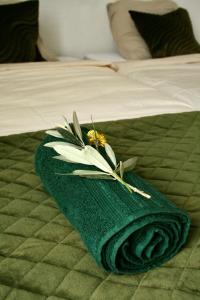 尼翁Le Clos des Laurons的床上的绿毛巾和鲜花