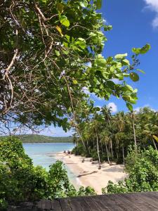 Tua PejatSunset Surf Villas的享有树木繁茂的海滩和大海的景致。
