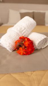 吉奥塔略克拉尼亚海边一室公寓酒店的床上的白色毯子和红花