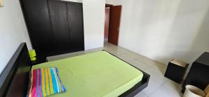 路易港Ollier Plaza Apartments的一间卧室配有一张带彩色毯子的绿色床