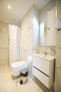 斯库台布里尼酒店的白色的浴室设有水槽和卫生间。