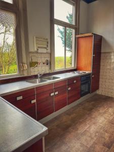 WolphaartsdijkHuize Adriana的一个带水槽和两个窗户的大厨房